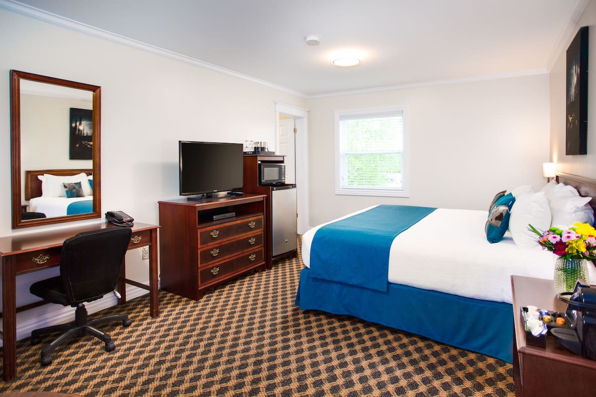 A hotel room with a bed, a desk with a computer, a television, and a window.