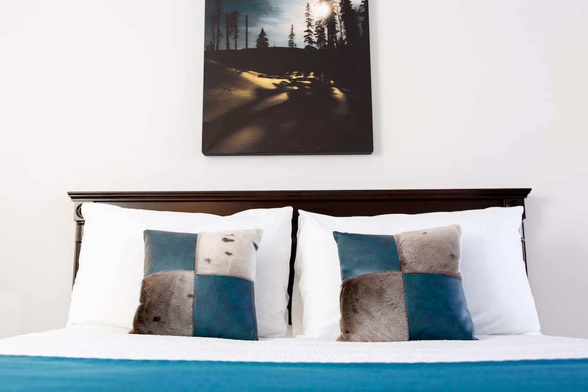 A bed with white and blue pillows, a dark wooden headboard, and a wall-mounted picture of a forest scene.