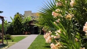 A pathway leading to a building with a garden and a pergola. - Nostalgia World Boutique Hotel (Manavgat)
