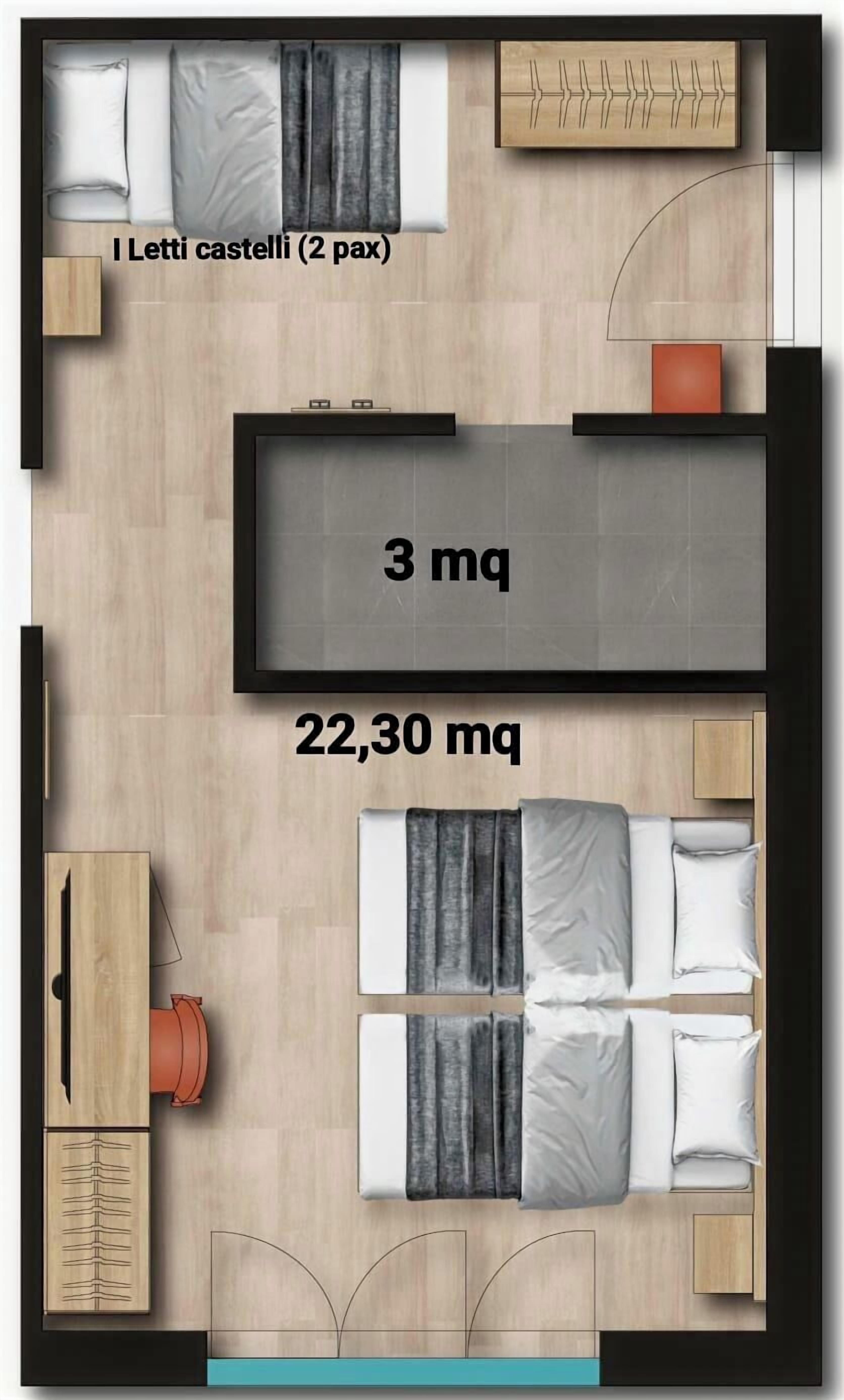 A 3-bedroom, 3-bathroom apartment layout with a 22.30 square meter living area, a 3 square meter kitchen, and two bedrooms each 2.5 square meters.
