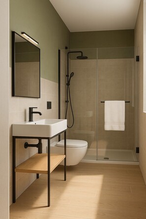 Comfort Studio Suite, Pool View | Bathroom | Shower, rainfall showerhead, hair dryer, bidet - Hotel Roè Garda (Roe Volciano)