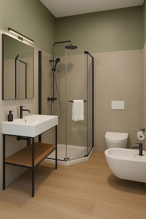 Kolmen hengen comfort-huone, järvinäköala | Kylpyhuone | Suihku, sadesuihkupää, hiustenkuivaaja, bidee