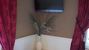 A room with a flat-screen TV mounted on the wall, a vase with dried plants on a white console table, and red curtains with a floral pattern. - Hostel Galia (Brussels)