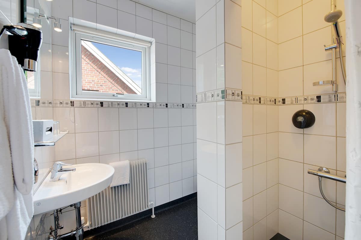 standard double room | bathroom | shower, free toiletries, hair dryer, towels