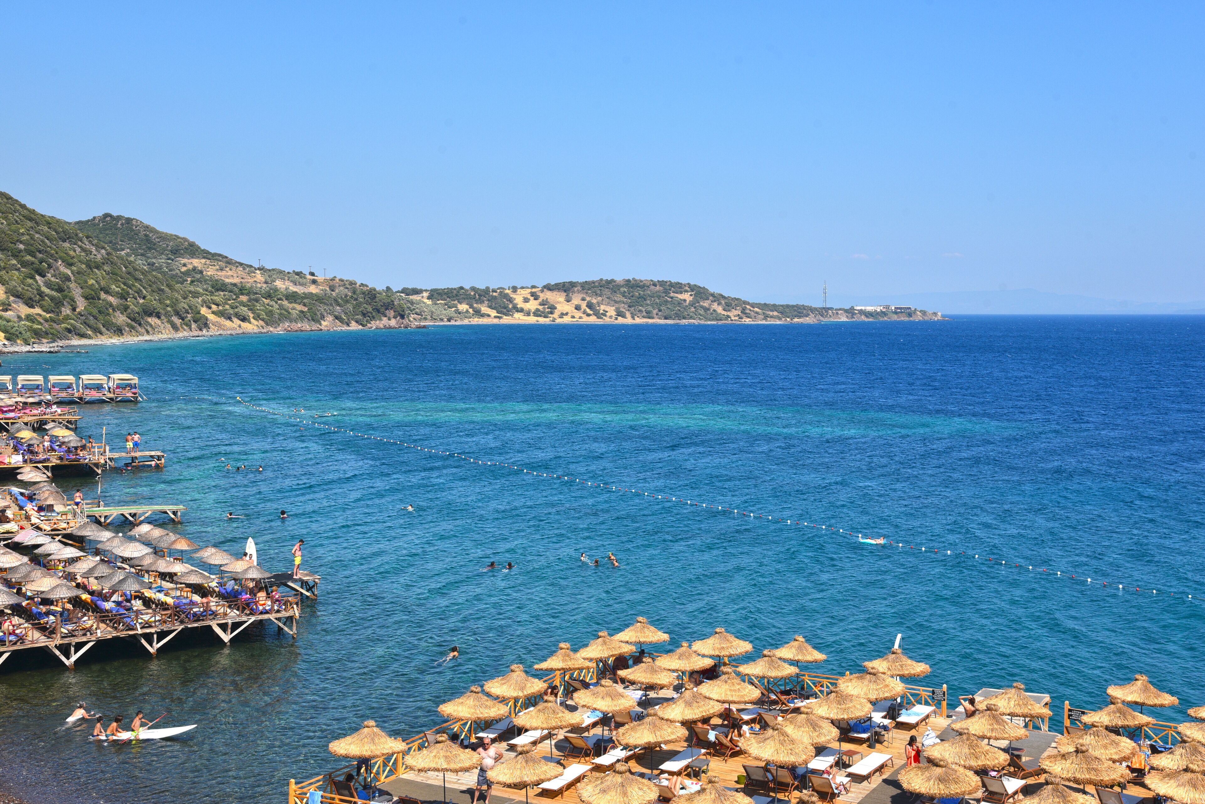 on the beach, sun-loungers, beach umbrellas