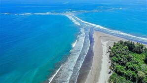 Vista aérea de una playa con aguas azul turquesa, una orilla arenosa y densa vegetación verde.
