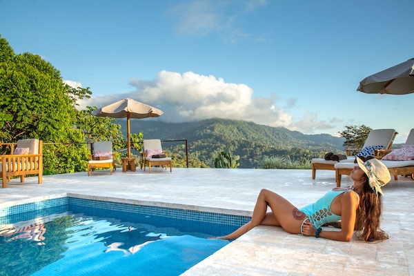 Outdoor pool, pool umbrellas, sun loungers