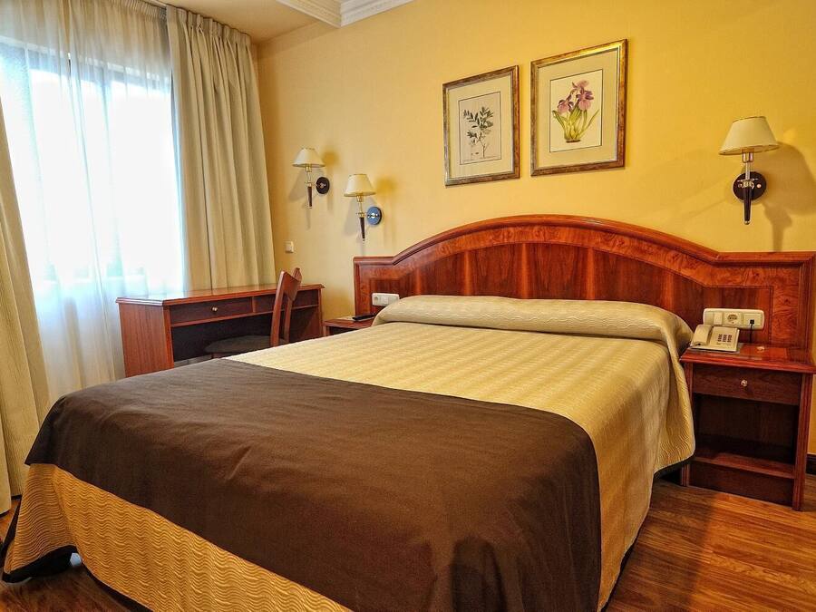 Ein Hotelzimmer mit einem großen Bett, einem Schreibtisch, einem Stuhl, zwei Wandleuchten und zwei gerahmten Pflanzenbildern an der Wand.