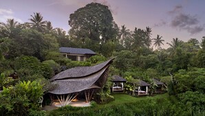 A tropical resort with a unique curved building, lush greenery, and a large tree in the background. - The Westin Resort & Spa Ubud, Bali (Ubud)