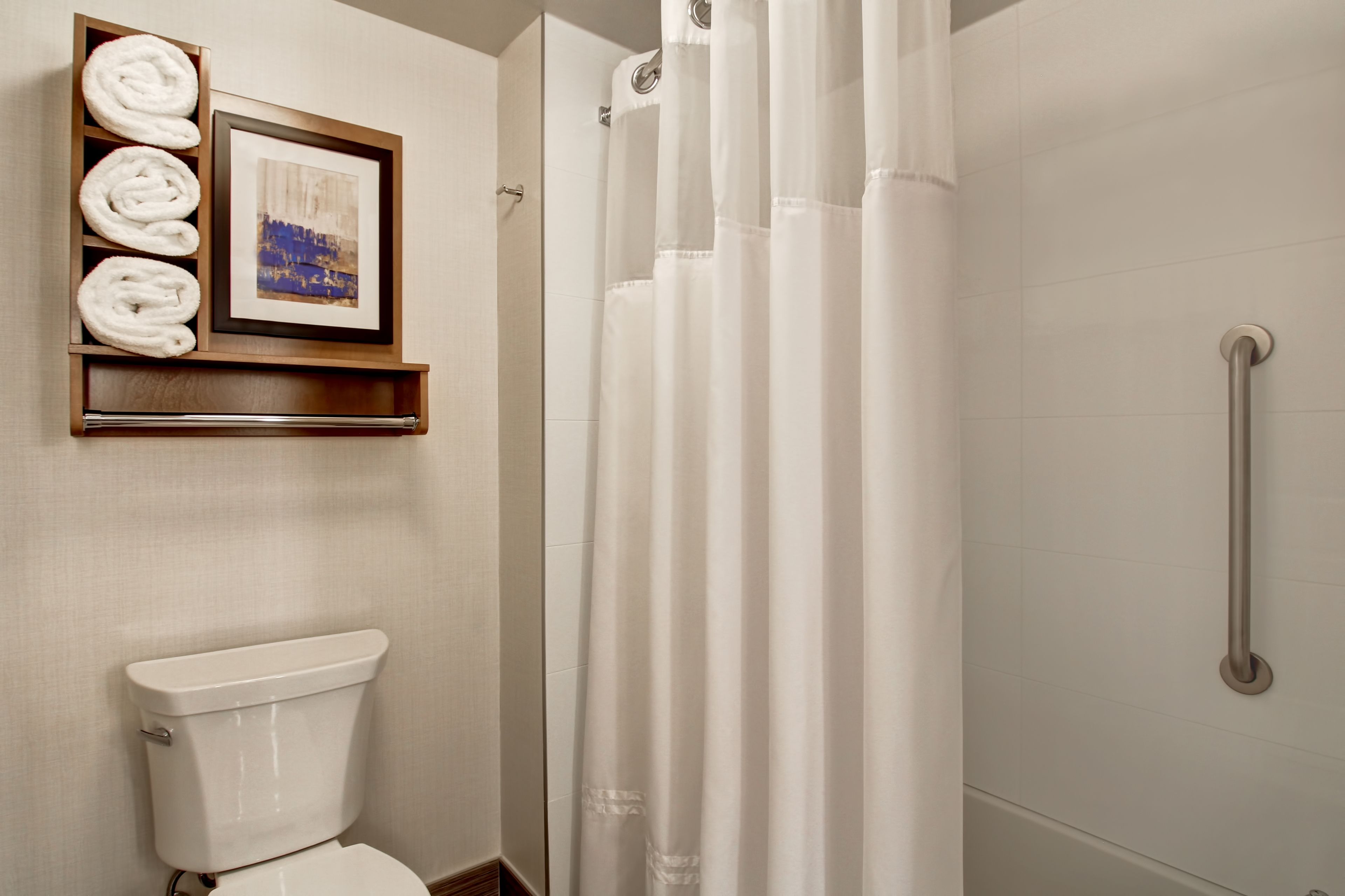 A bathroom with a toilet, a shower with a grab bar, and a towel rack with towels and a framed picture.
