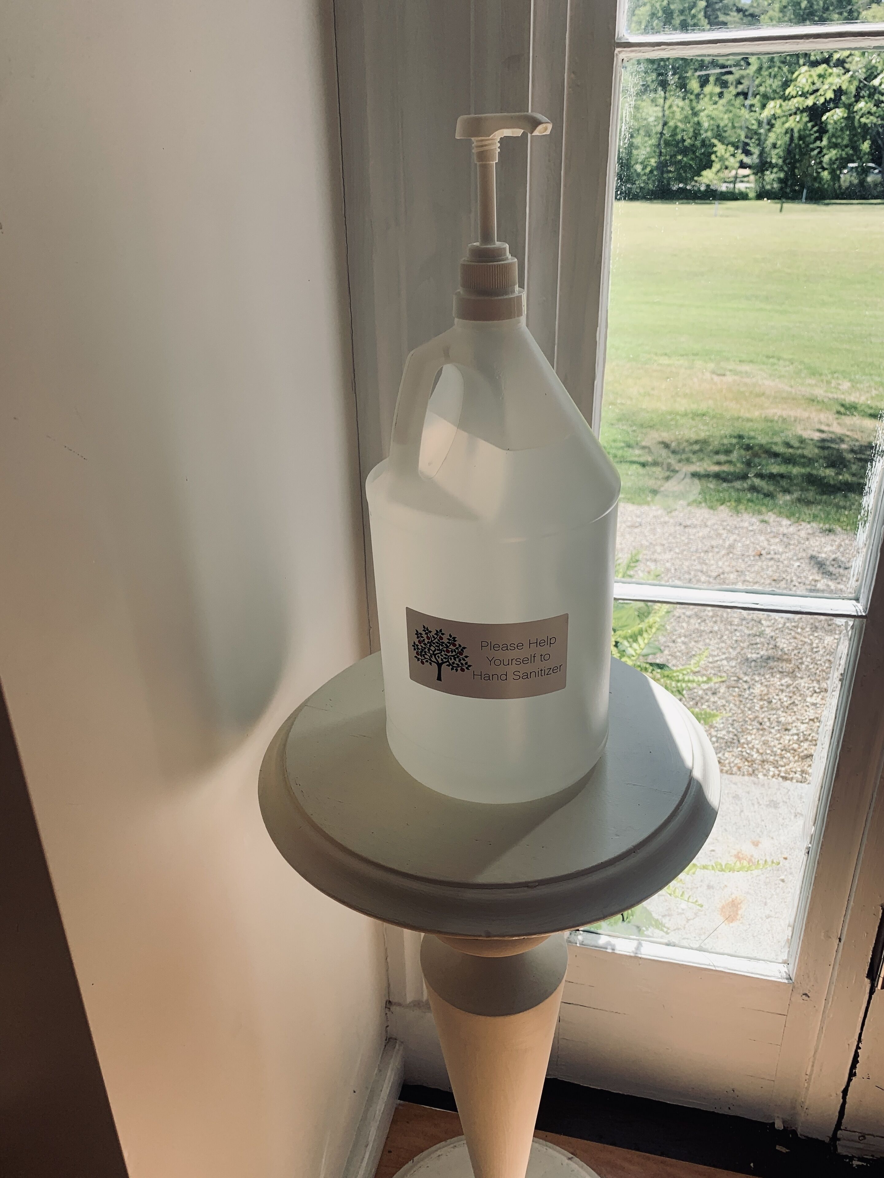 A hand sanitizer bottle on a pedestal table near a window with a view of a grassy area.