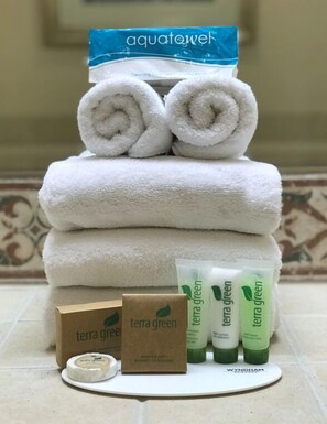 Combined shower/tub, free toiletries, hair dryer, towels