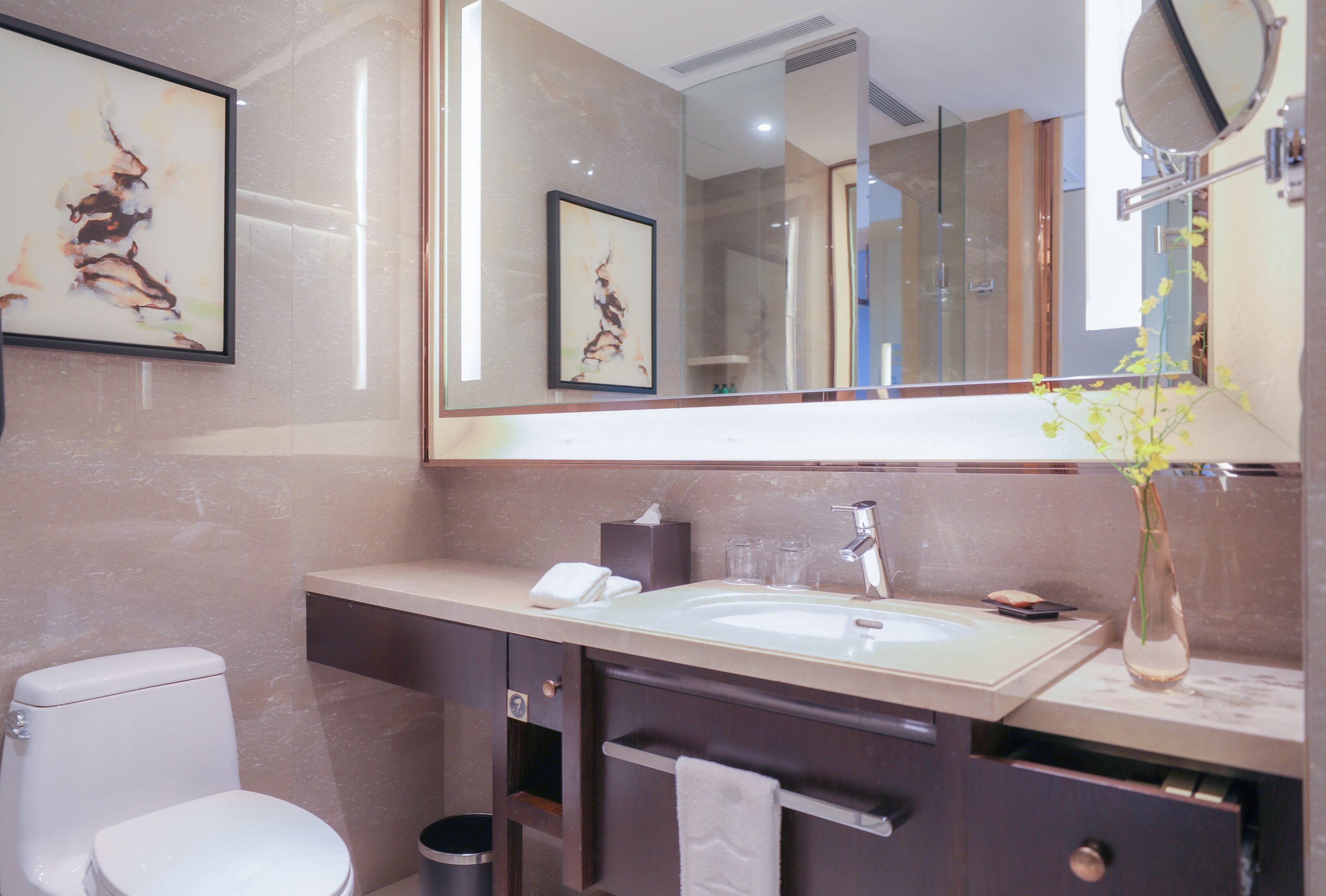 deep-soaking bathtub, rainfall showerhead, free toiletries, hair dryer