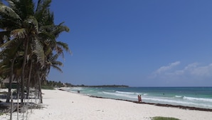 A beach with white sand, palm trees, and a clear blue sky. - Dolce Caribe B&B (Playa del Carmen)