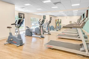 A gym with various cardio machines, including treadmills and elliptical trainers, arranged in rows.