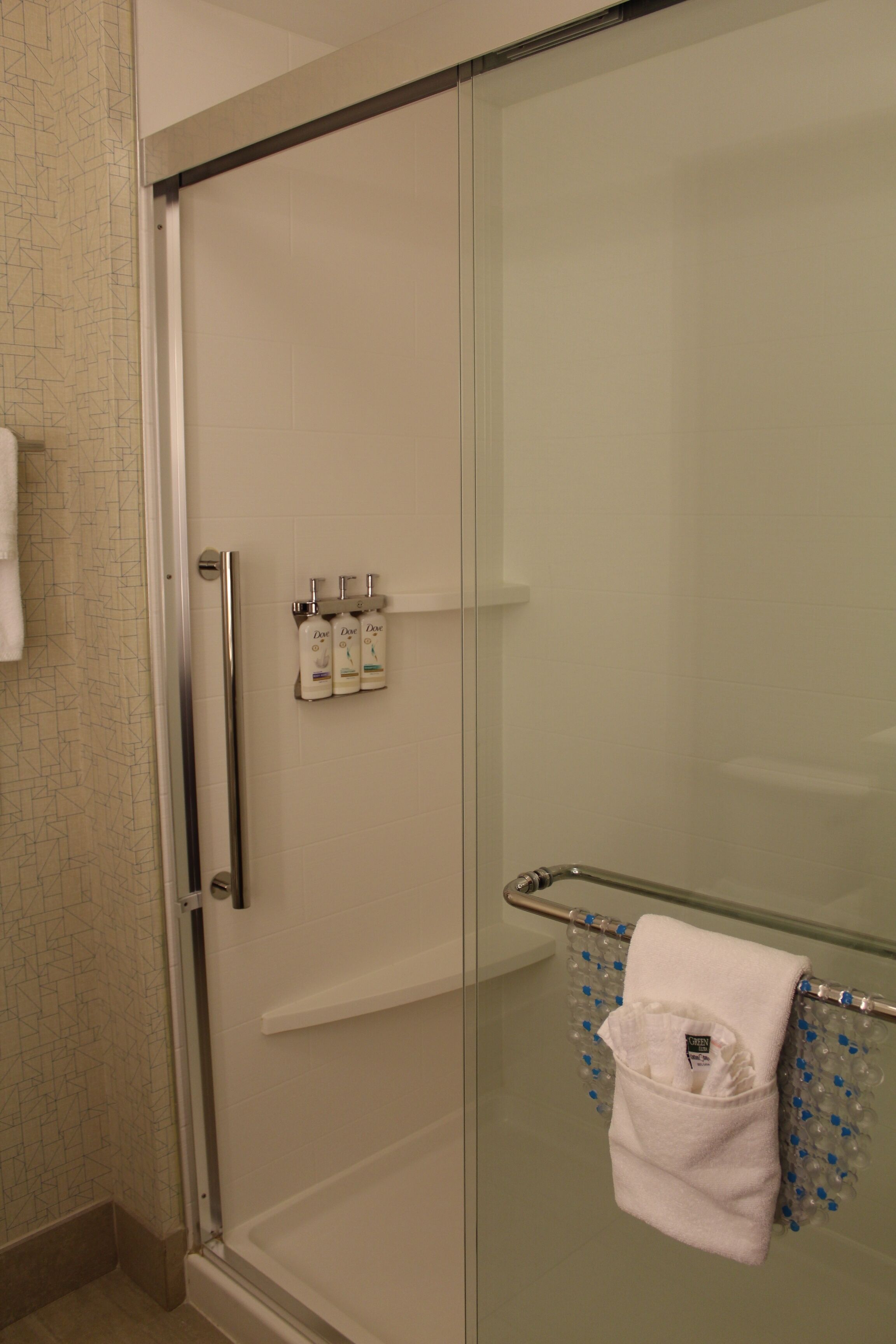 A glass-enclosed shower area with a glass shelf holding toiletries and a towel rack with a towel.