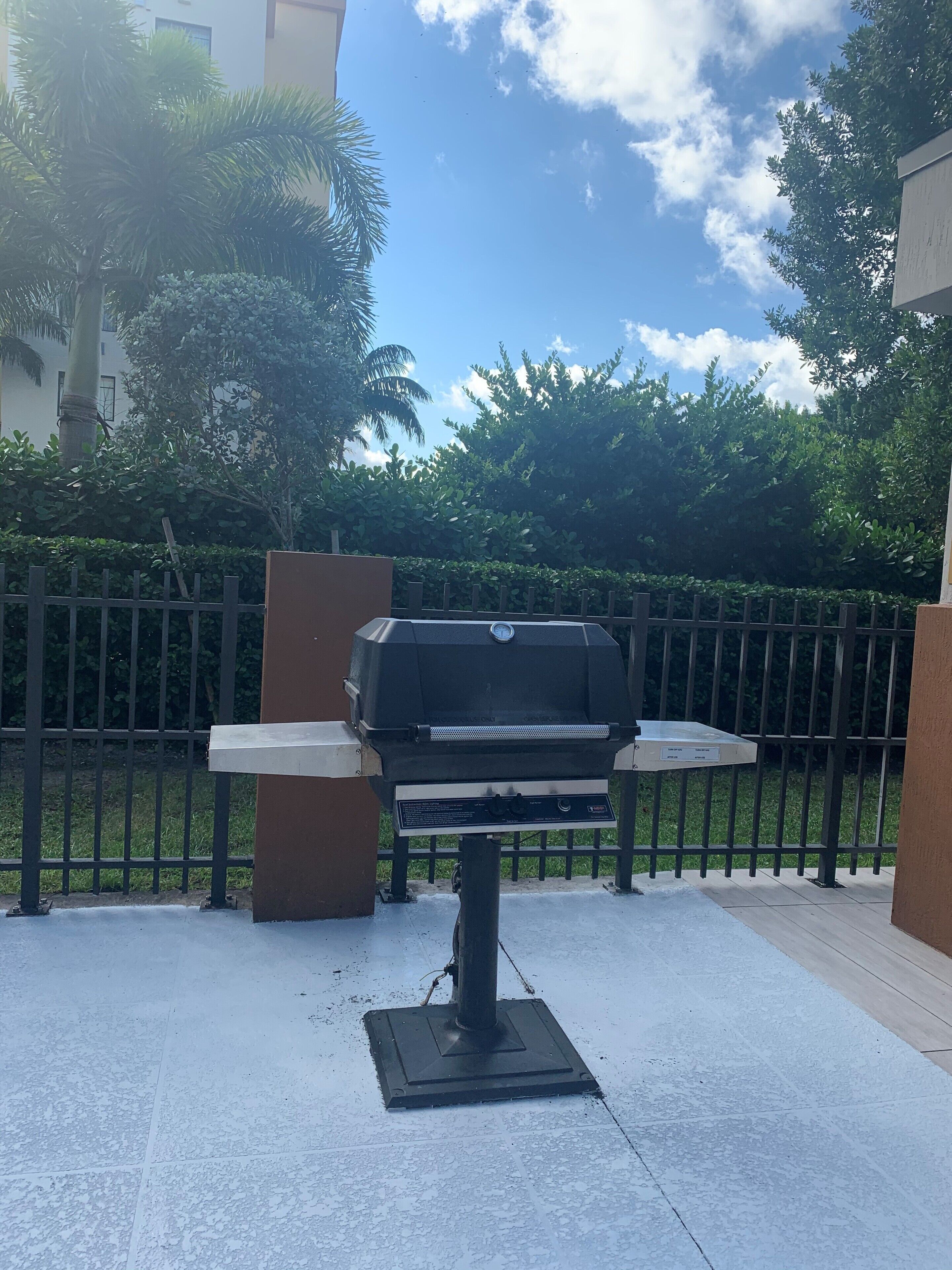 Una parrilla de barbacoa al aire libre, con una valla metálica y follaje en el fondo.