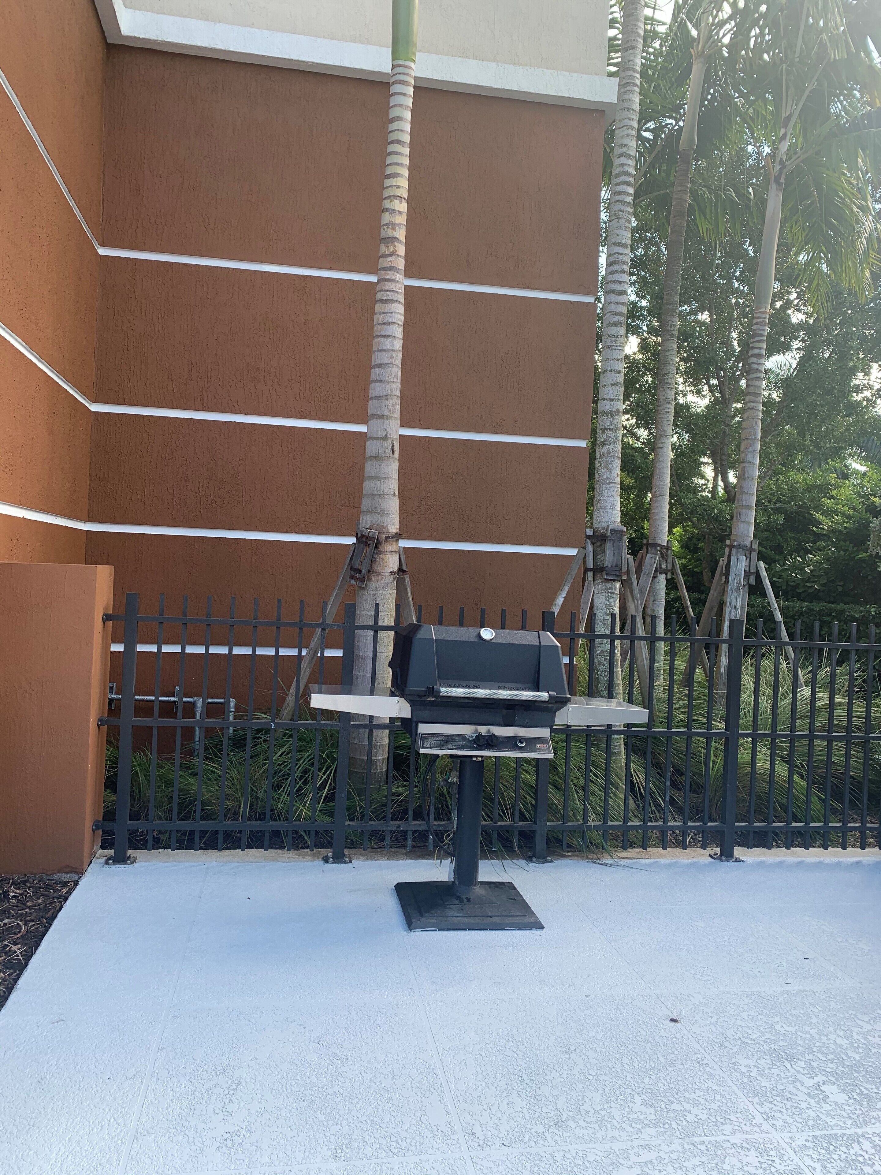An outdoor grill area with a metal fence and palm trees in the background.