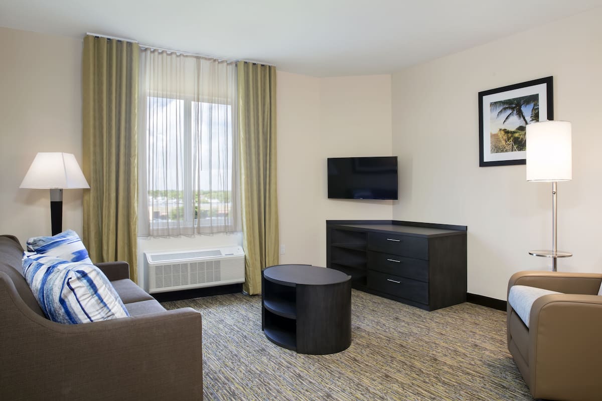 Habitación de hotel con sofá, una mesa redonda, televisor, armario y ventana con cortinas.