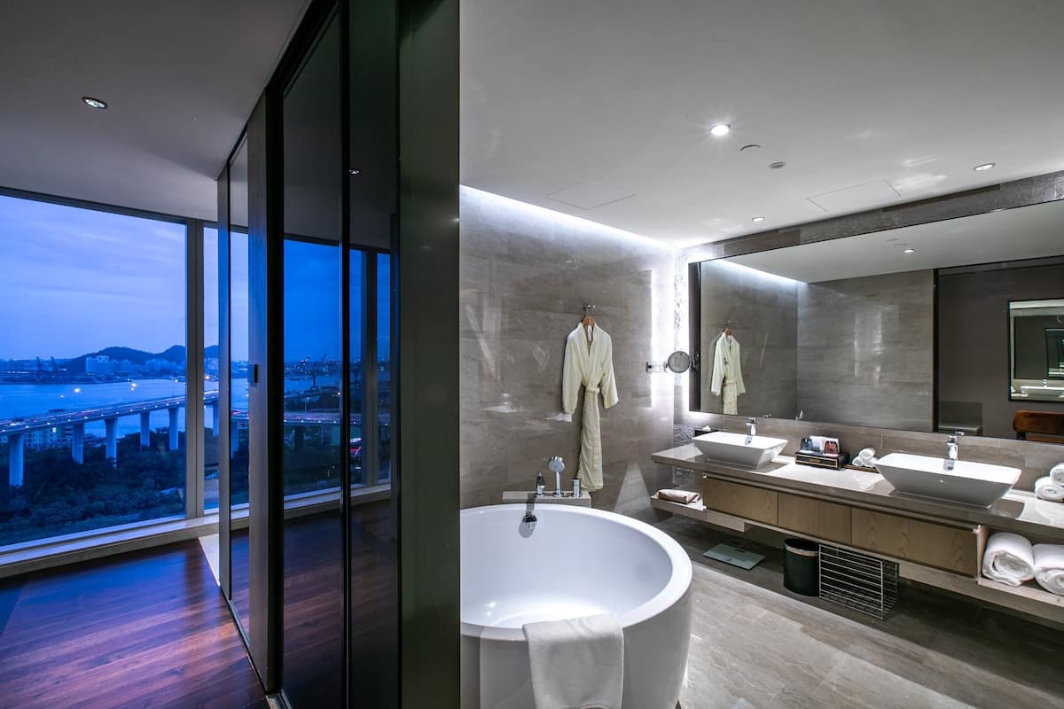 combined shower/bathtub, free toiletries, hair dryer, bathrobes