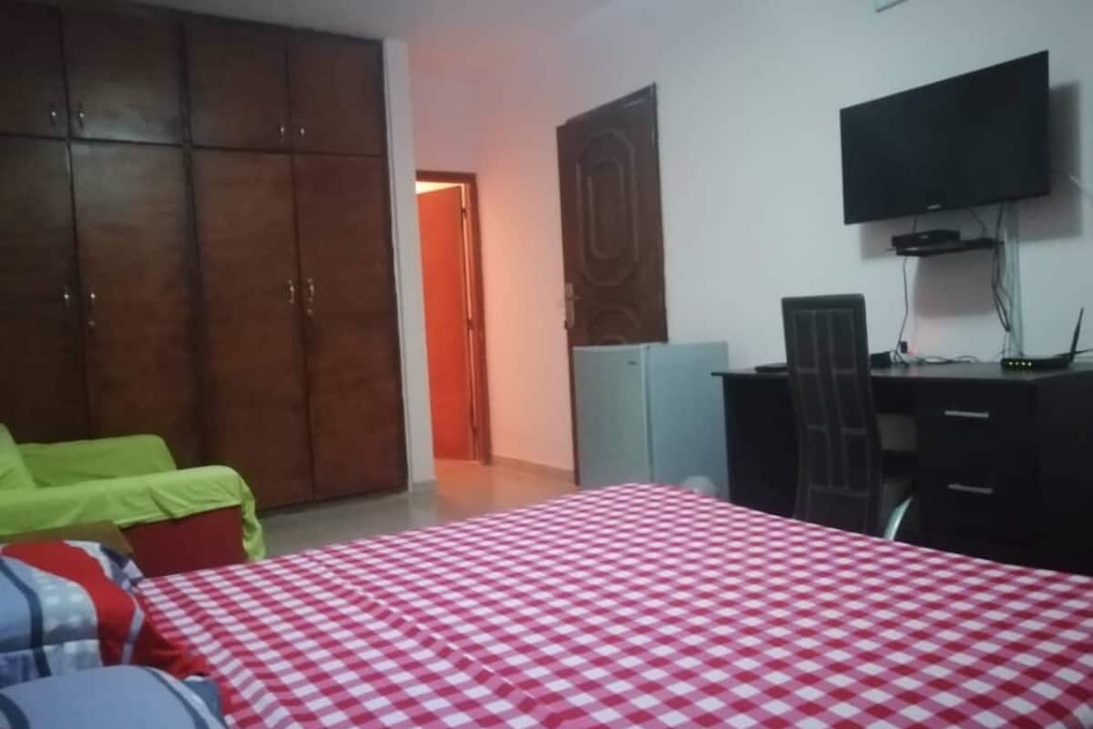 A bedroom with a checkered bedspread, a wardrobe, a television, and a desk.