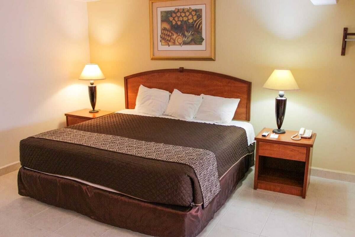 A neatly made bed with a brown bedspread, two bedside lamps, a bedside table with a phone, and a framed picture on the wall.