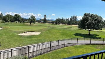 Vista de un campo de golf con cielo despejado, un área cercada y un árbol grande al frente.
