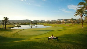 Un campo de golf con una persona sentada en un banco, un estanque y palmeras.