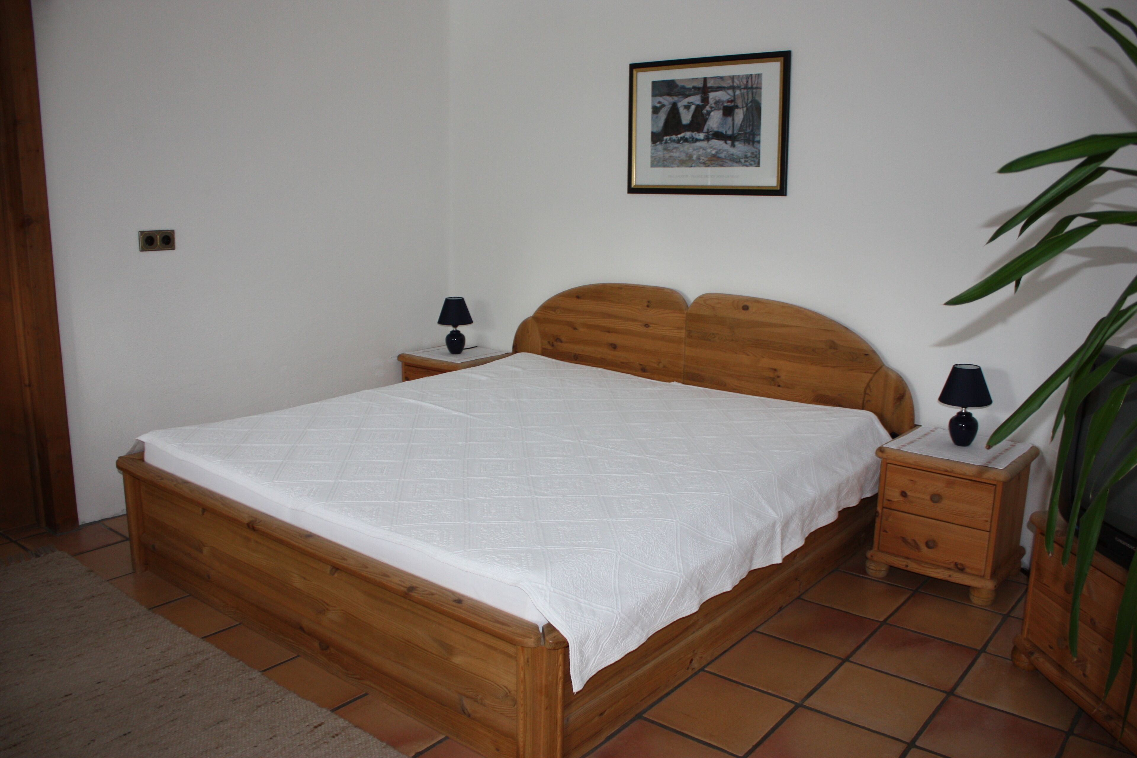 A wooden bed with a white bedspread, two bedside tables with lamps, a framed picture on the wall, and a potted plant.