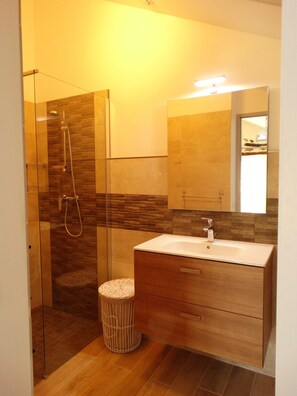 Shower, hair dryer, towels, toilet paper