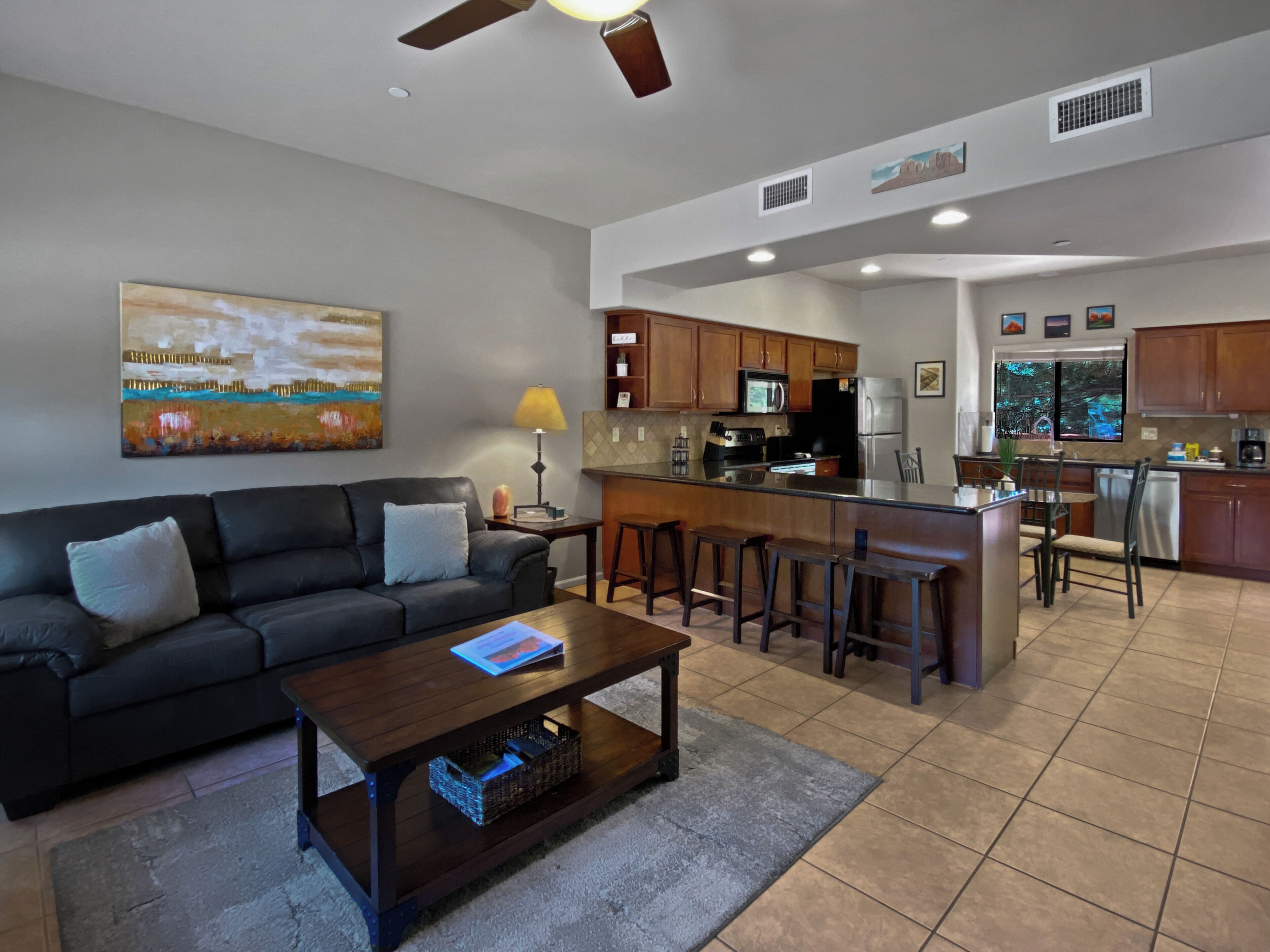 Smart TV, fireplace, DVD player, books