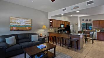 Smart TV, fireplace, DVD player, books