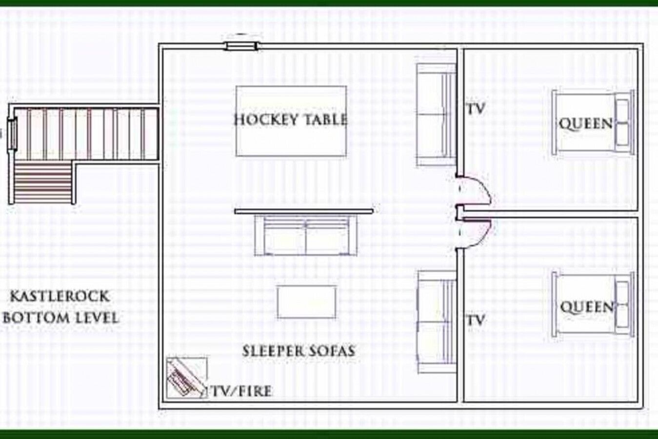 Grundriss eines Hotelzimmers mit Billardtisch, Fernseher, Queensize-Betten, Schlafsofas und einer TV-/Feuereinheit.
