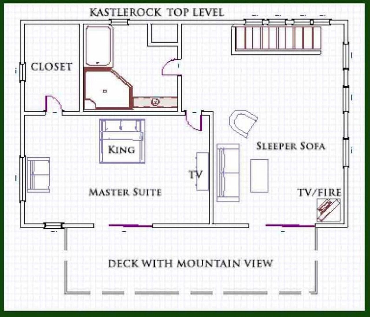 Plan d’étage d’un hôtel comprenant une suite de luxe, un dressing, un lit king-size, un canapé-lit, une télévision et une terrasse avec vue sur les montagnes.