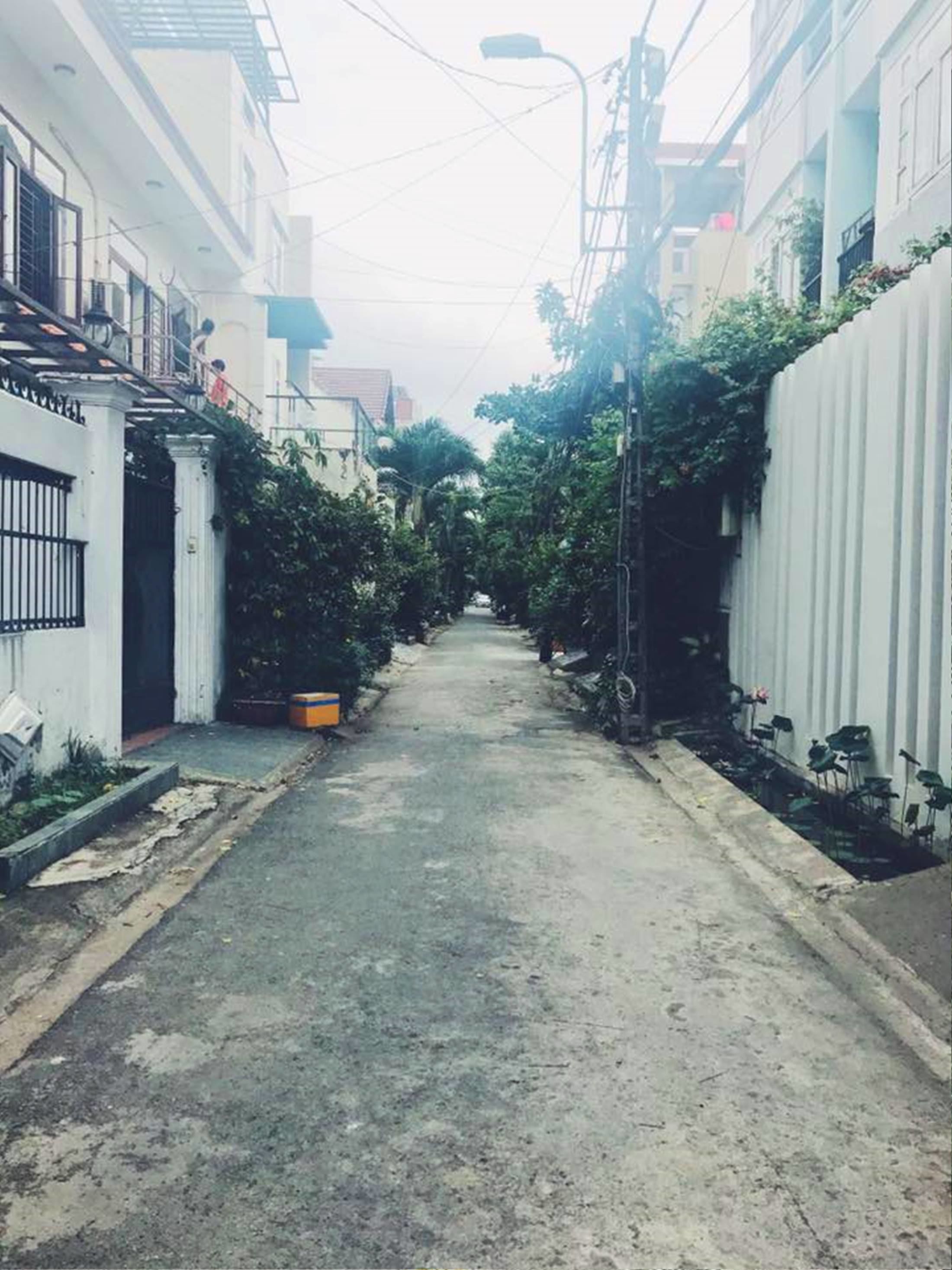 A narrow residential street flanked by houses with white walls and metal gates.