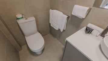 Regadera, secadora de cabello, toallas