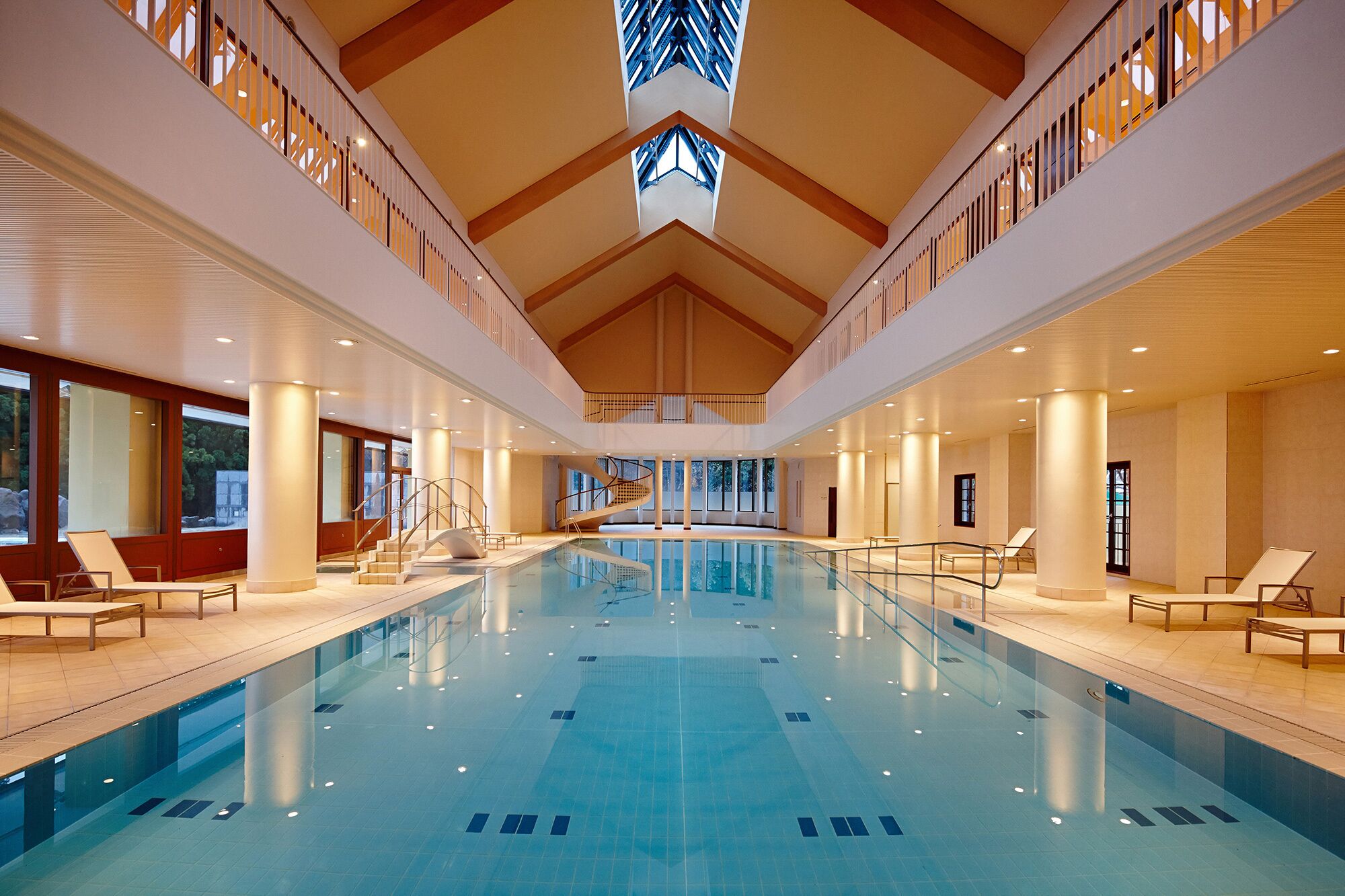 Indoor pool, seasonal outdoor pool, pool umbrellas