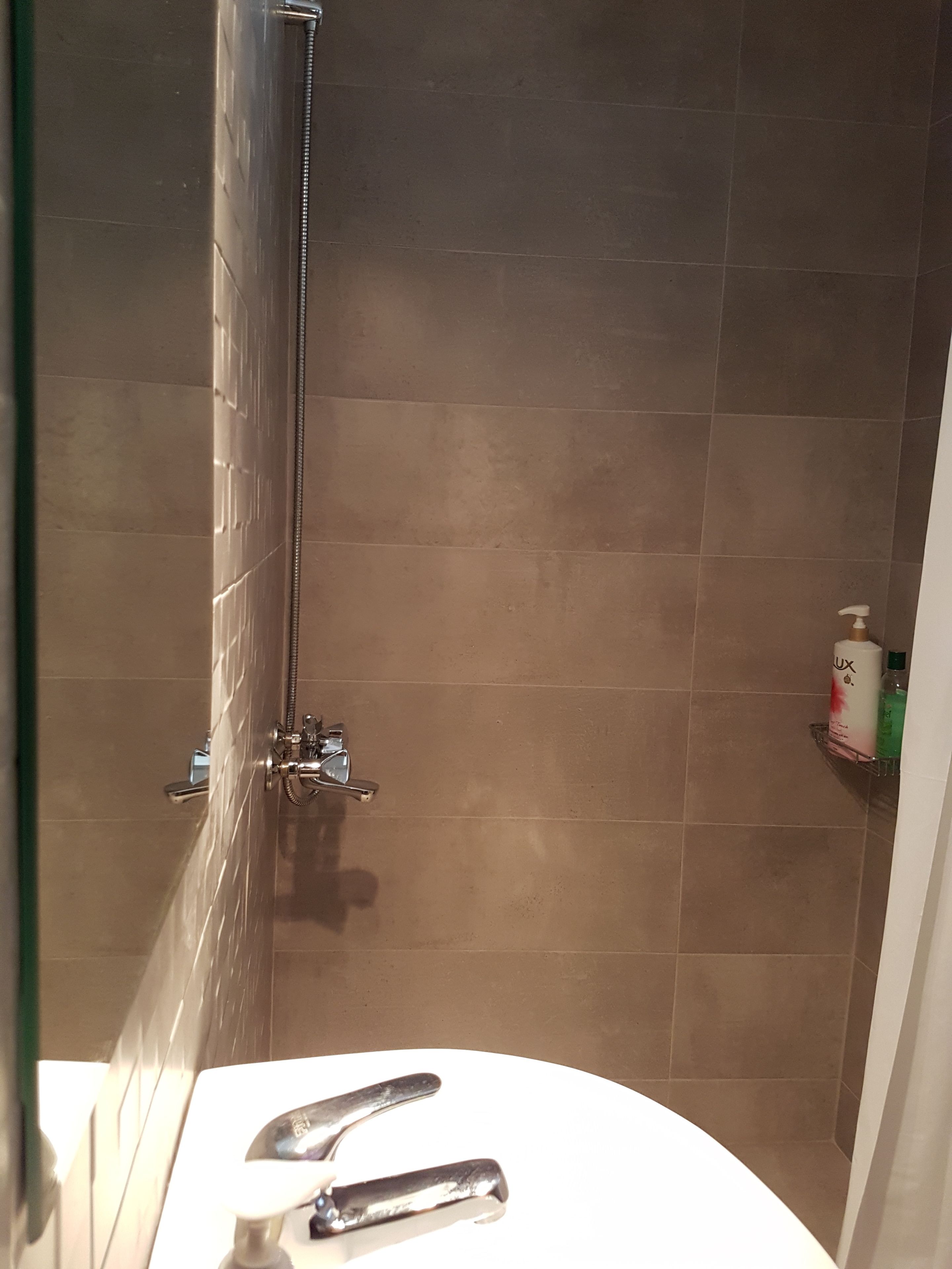 A bathroom with a shower, a toilet, and a shelf with toiletries.
