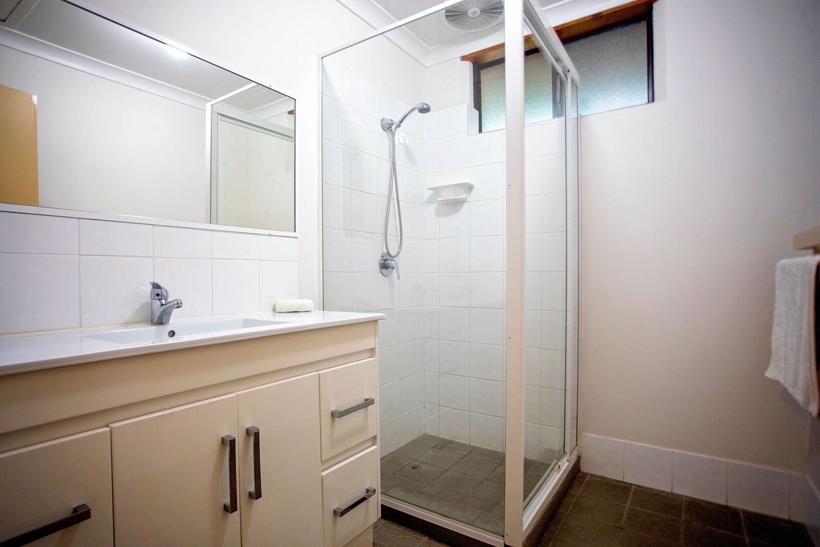A modern bathroom with a glass-enclosed shower, a white sink, and a mirror above the vanity.