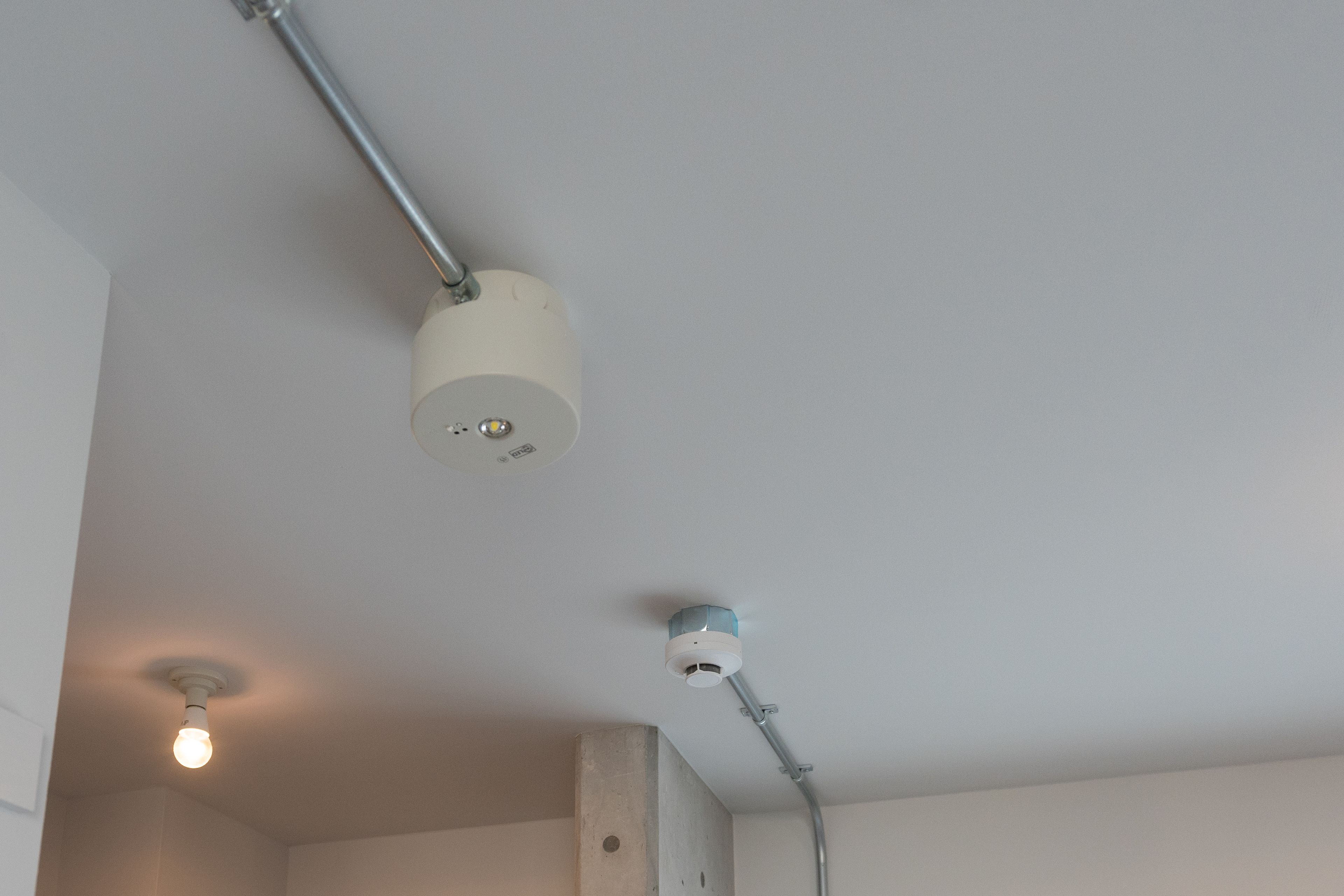 A ceiling with a light fixture and a smoke detector.