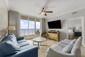 Condo, 3 Bedrooms, Beach View (511) | Living area | Flat-screen TV - Azure Beach Resort by Panhandle Getaways (Fort Walton Beach)