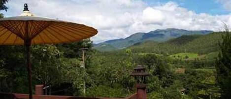 A scenic view of a mountainous landscape with lush greenery and a wooden structure with a large umbrella.