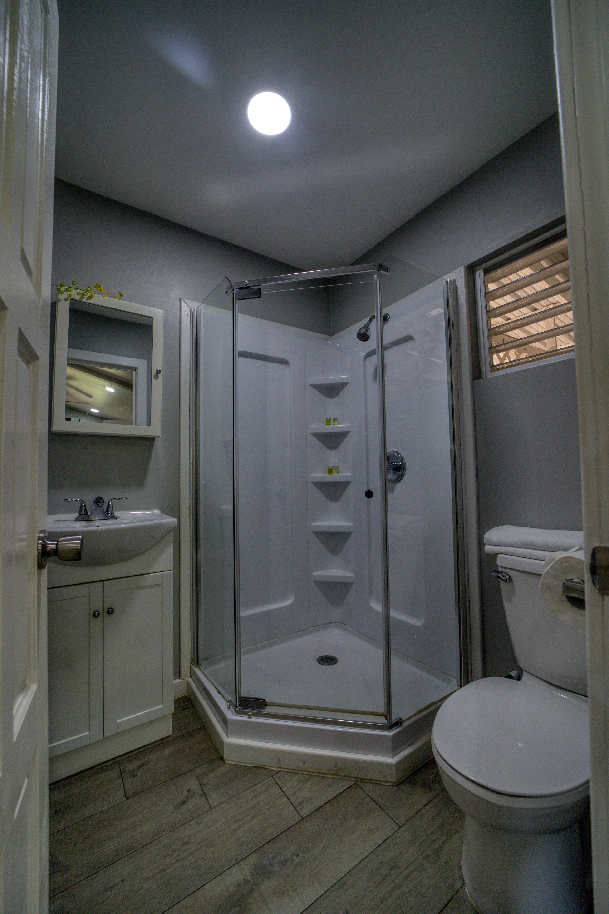 A bathroom with a shower, toilet, sink, and cabinet.