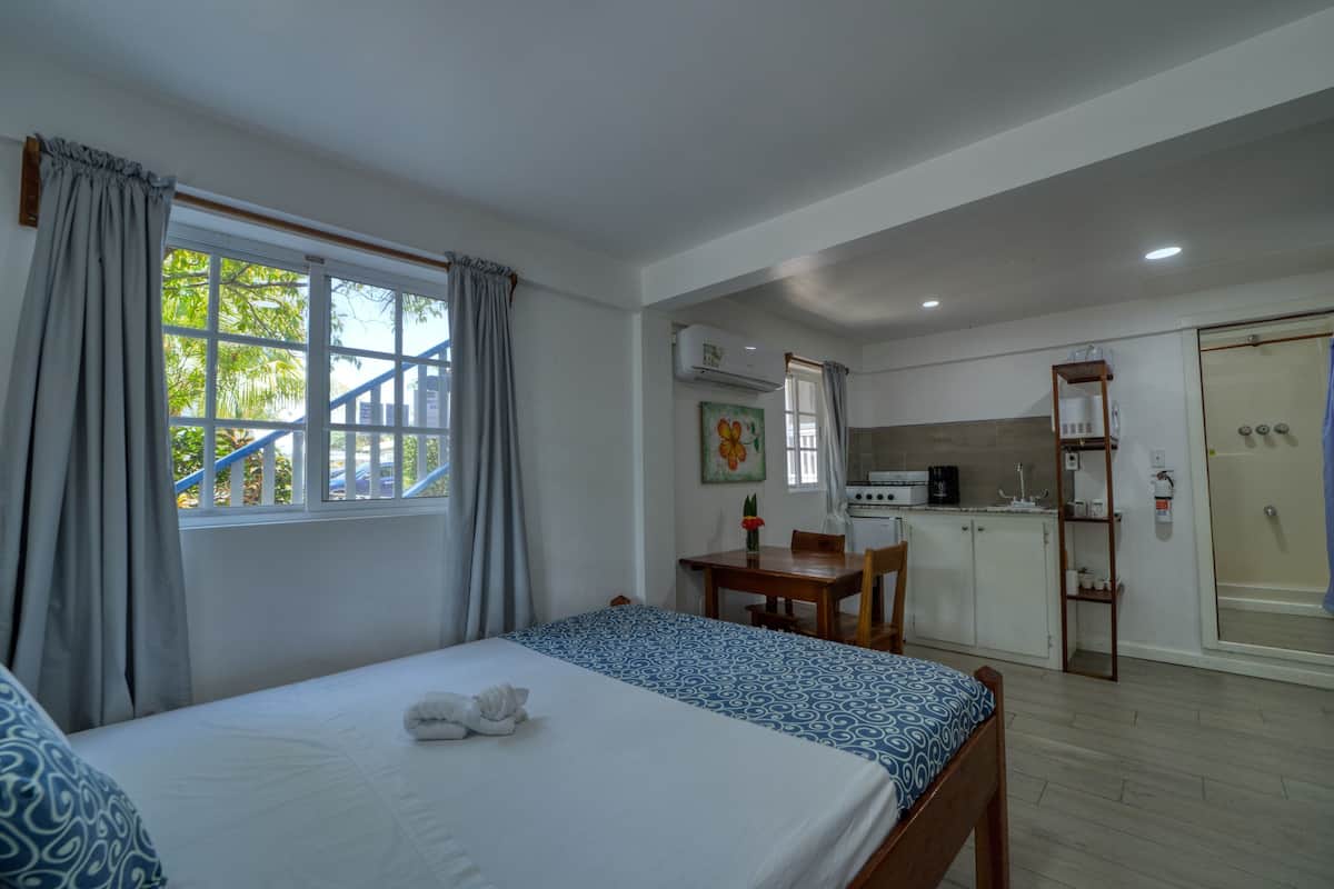 A bedroom with a bed, a window with curtains, a small dining table, and a kitchenette.