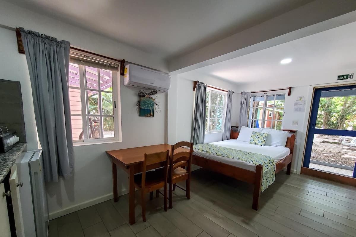 A room with a bed, a desk, and a chair. There is a window with curtains, an air conditioning unit, and a door with a screen.