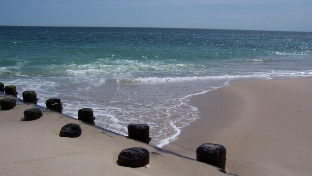A beach with a row of large rocks along the shoreline.