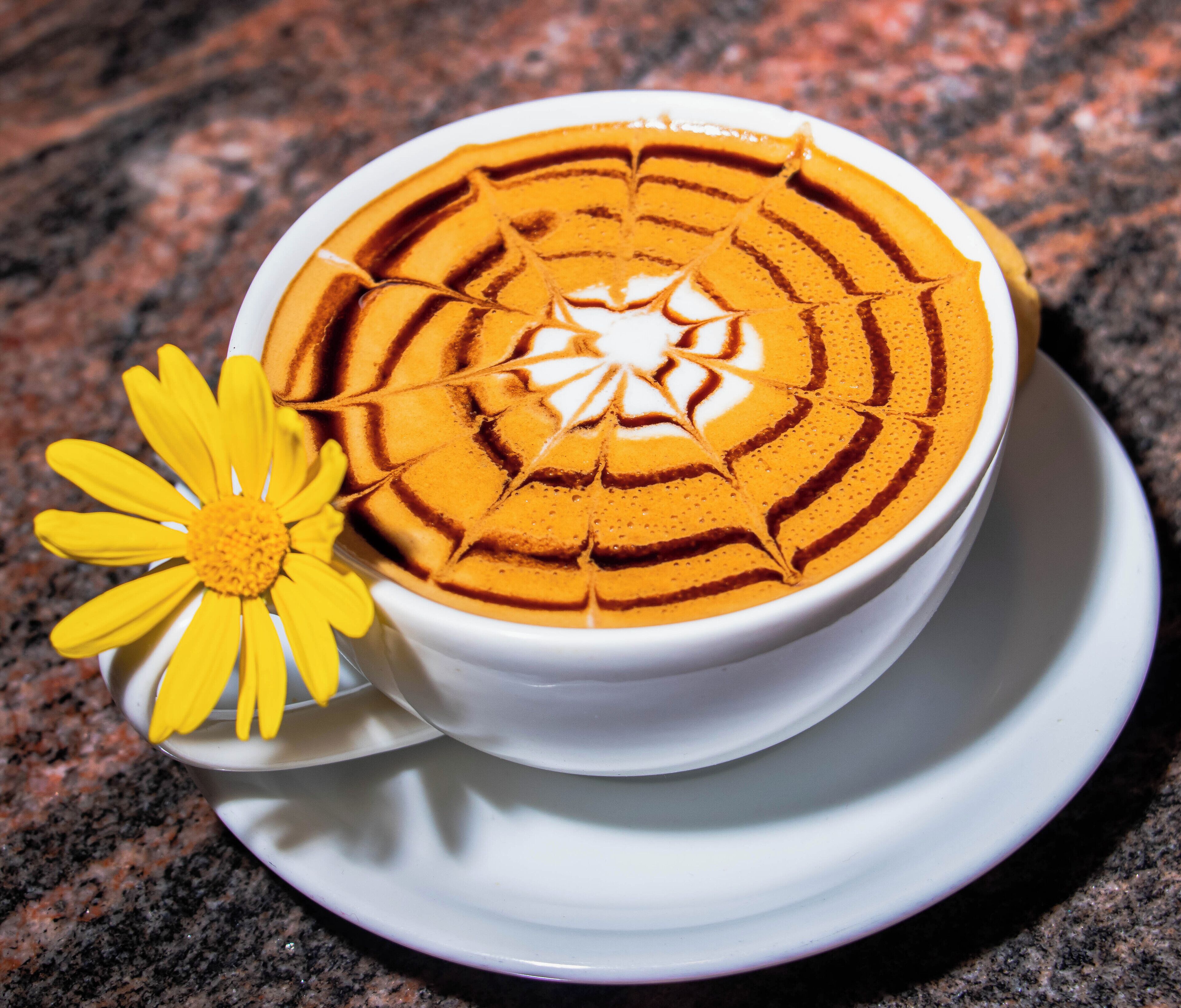 Eine Tasse Kaffee mit Latte-Art auf einer weißen Untertasse.