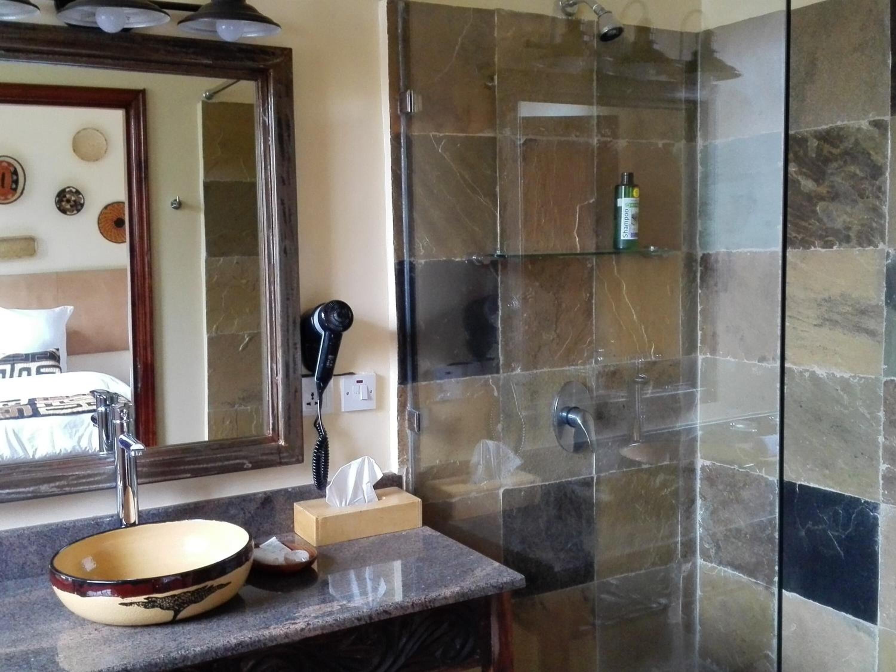 shower, free toiletries, hair dryer, towels