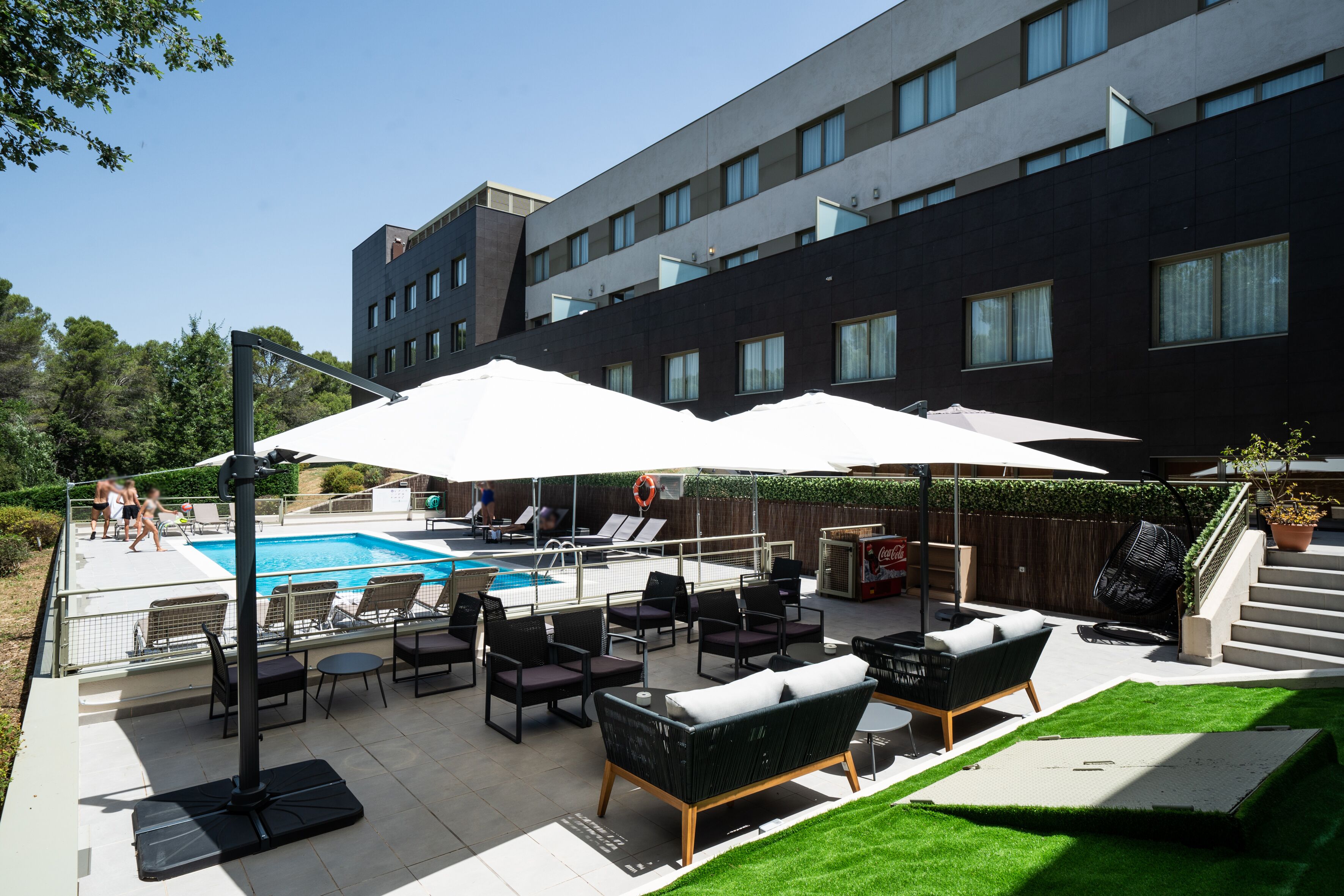 seasonal outdoor pool, pool umbrellas, pool loungers