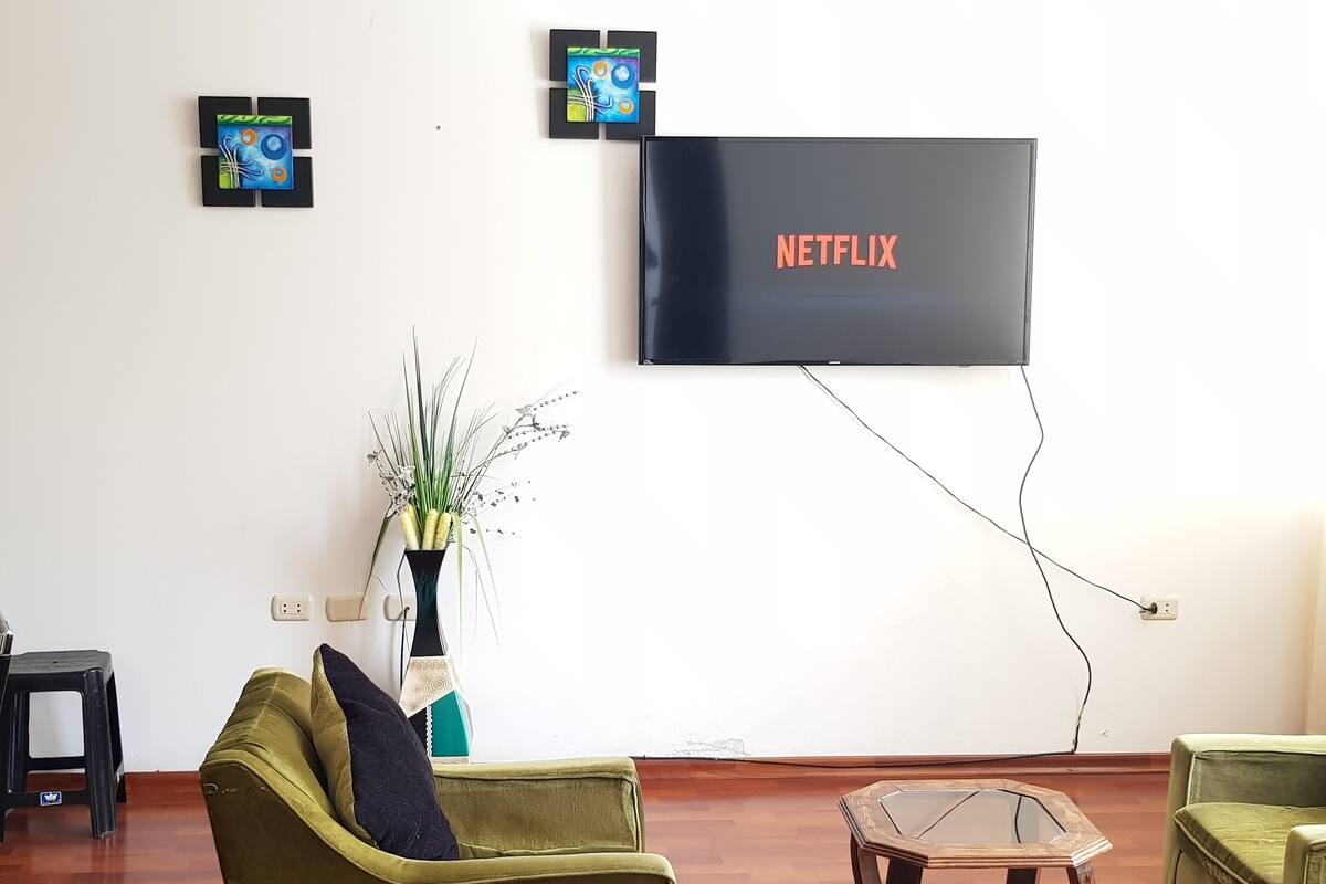 A living room with a flat-screen TV mounted on the wall, a small table, two green armchairs, and a decorative vase with plants.